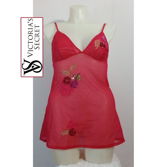 Victoria's Secret Other - VINTAGE Victoria' Secret Red Floral Cherry Sequin Embroidered V-neck Lingerie L